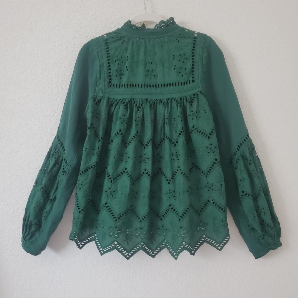 Anthropologie Forever That Girl Boho Green Lace Eyelet Sweatshirt Sweater S - Picture 3 of 16